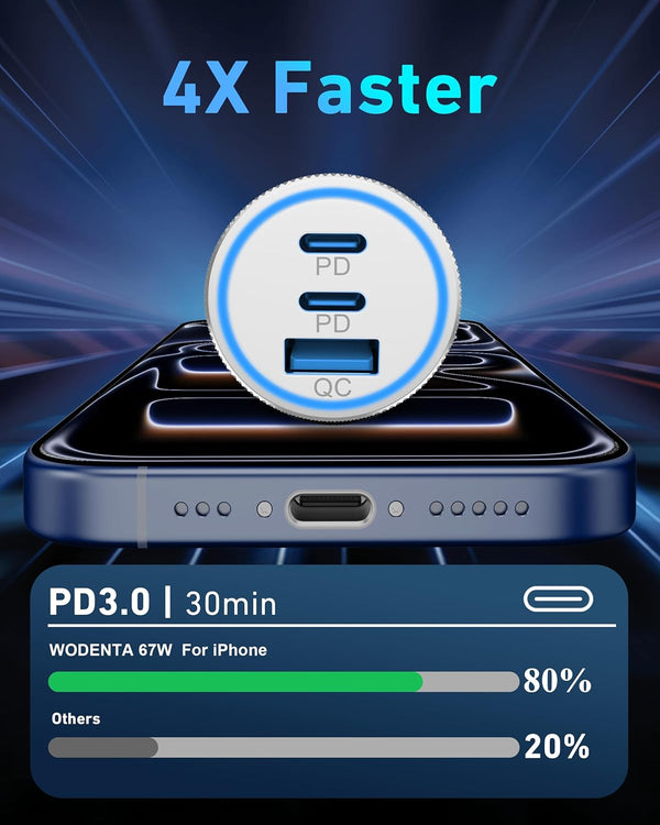 67W 3-Port Fast USB C Car Charger Power Adapter for iPhone and iPad