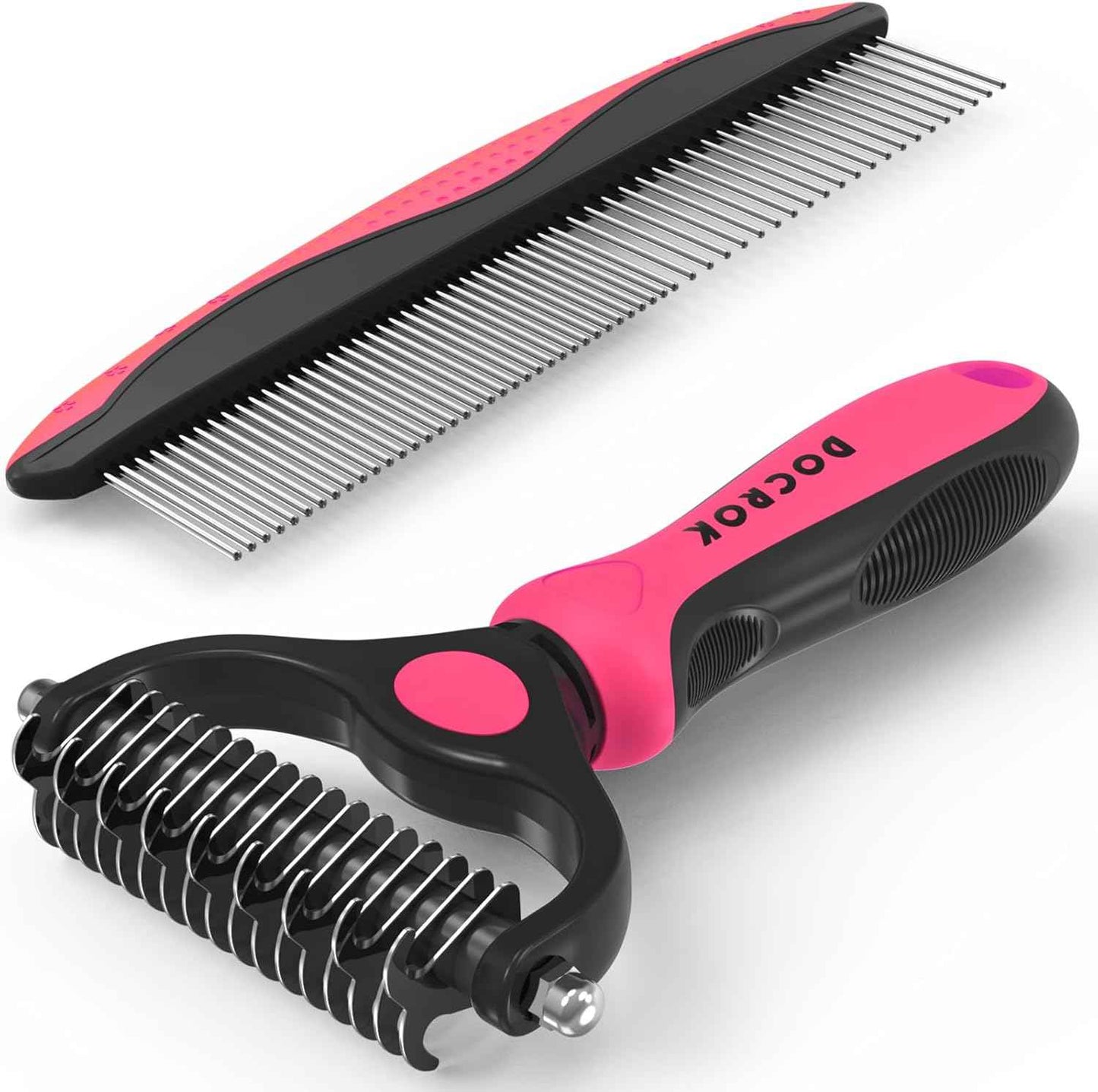 Pet Grooming Combo - Blue Deshedding Brush with Metal Comb for Detangling and Dematting Long, Matted Fur on Cats and Dogs