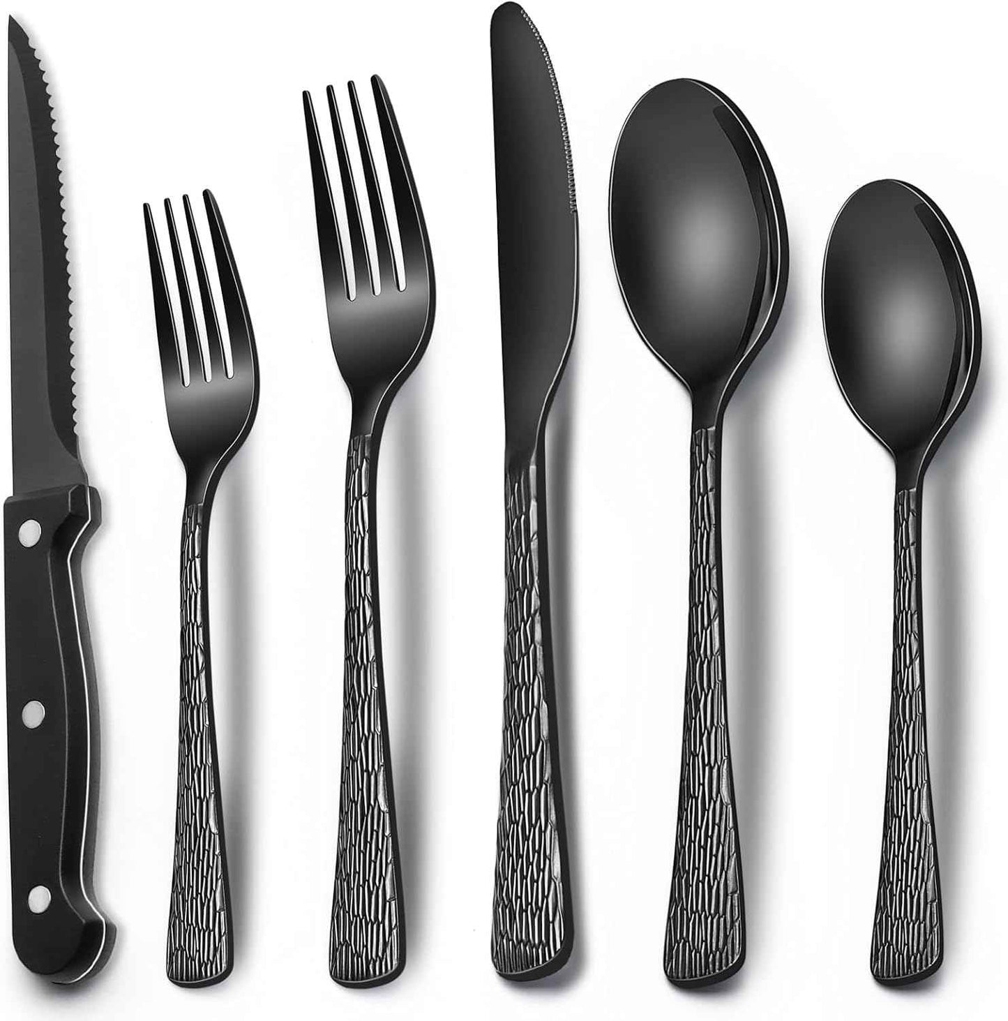 EWFEN 24-Piece Black Silverware Set with Steak Knives, Flatware for 4, Food-Grade Stainless Steel Tableware Cutlery Set, Mirror Finished Utensil Sets Home Restaurant