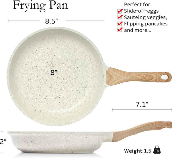 ESLITE LIFE Nonstick Ceramic Frying Pan Skillet, Non-Toxic Egg Omelette Kitchen Cooking Pans Compatible with All Stovetops (Gas, Electric & Induction), PTFE & PFOA Free (White, 8'')