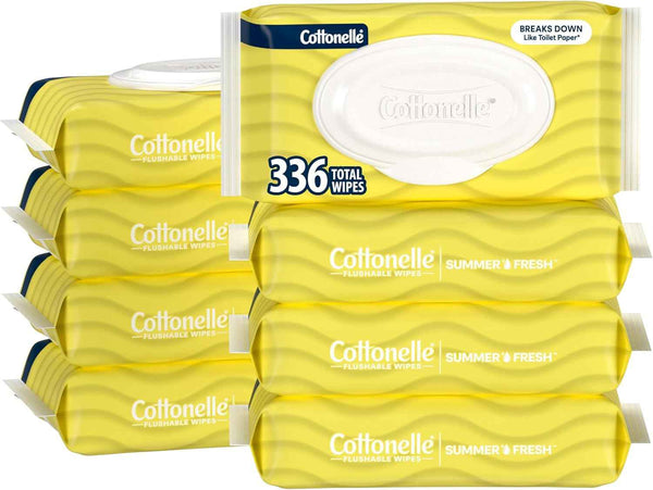 Cottonelle Fresh Feel Flushable Wet Wipes, Adult Wet Wipes, 8 Flip-Top Packs, 42 Wipes Per Pack (336 Total Wipes), Packaging May Vary