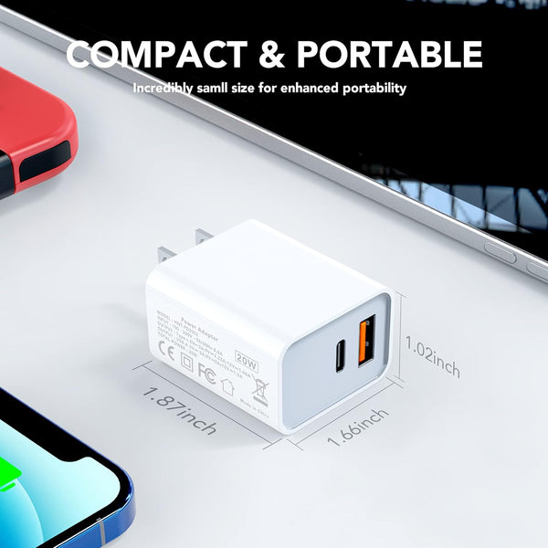 Dual Port USB C Wall Charger Block for iPhone and Samsung