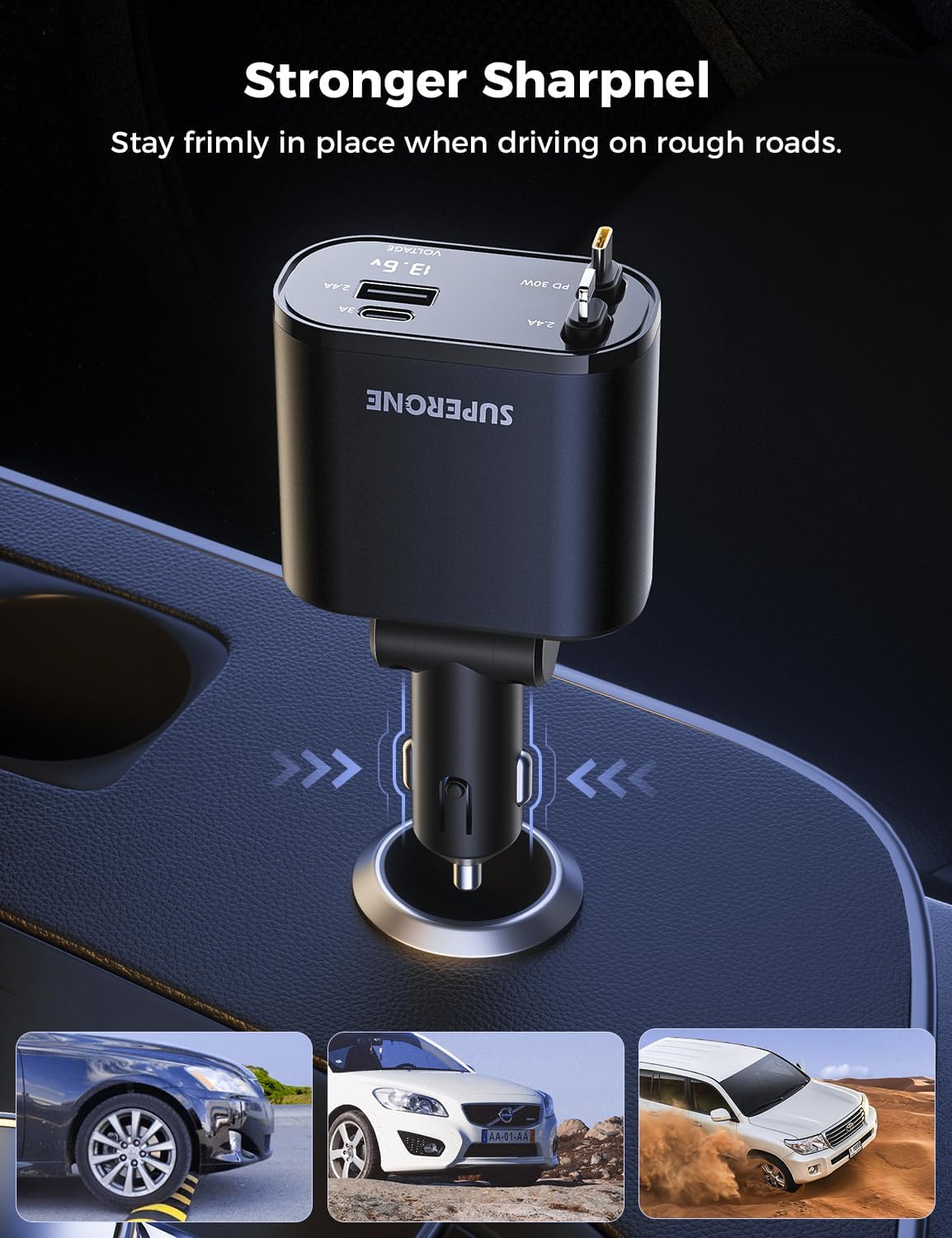 【Upgraded】 SUPERONE Retractable Car Charger 4 in 1, Fast Car Phone Charger with Cord 2.6ft, USB C and Apple Car Adapter, Compatible with iPhone 17 16 15/15 Pro Max/14/13/12/11, Galaxy, Pixel - Rayz Mart
