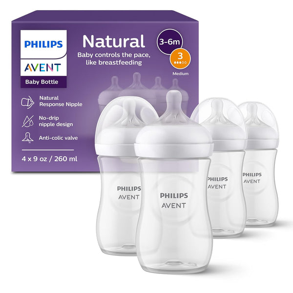 Philips Avent Natural Baby Bottles 4-Pack, Medium Flow, 9oz, SCY903/04, BPA-Free