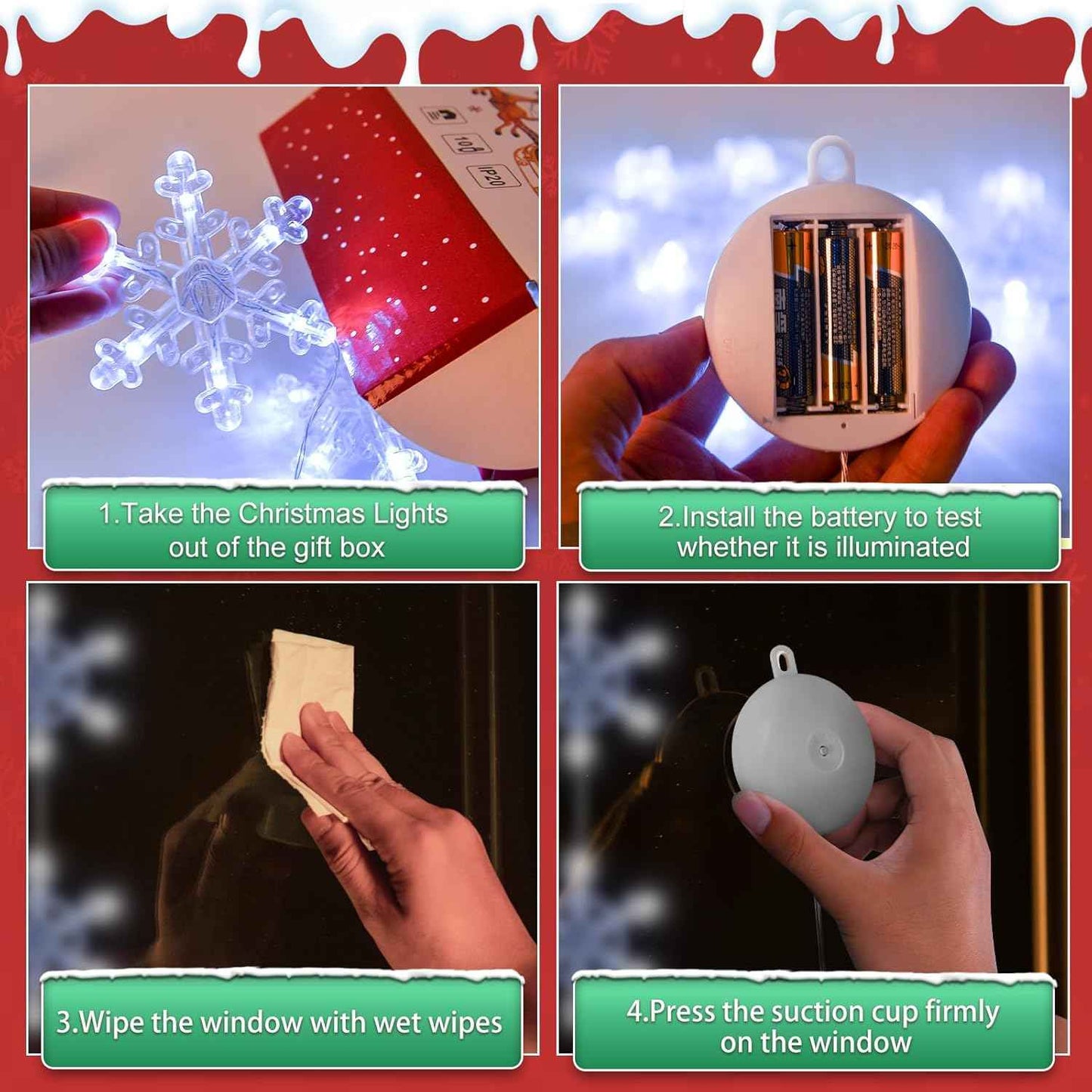 3Pcs Christmas Window Lights Decorations with Timer, Battery Powered Christmas Window Hanging White Lighted Snowflake Shaped LED Sucker String Lamp for Xmas Tree Fireplace Window Indoor Decor