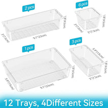 12 PCS Drawer Organizer Set, 4 Sizes Tool Storage Trays, Clear Plastic Makeup Vanity Organizer and Storage Bins for Makeup, Stationeries, Multiple Gadgets for Bathroom, Office, Bedroom