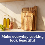 Non-toxic cutting board set made from FSC certified acacia wood, free of mineral oil, includes 3 chopping boards.