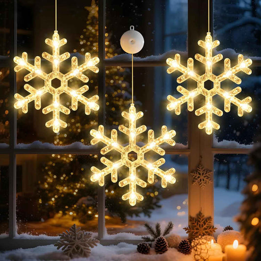 3Pack Christmas Window Lights Decorations with Timer,Battery Powered Christmas Hanging Warm White Lighted Snowflake Shaped LED Sucker for 2026 Xmas Tree Fireplace Indoor Decor