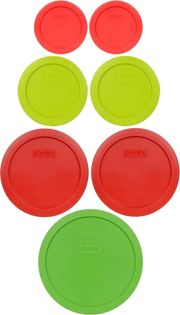 Pyrex (2) 7202-PC Green, (2) 7200-PC Orange, (2) 7201-PC Cobalt Blue, (1) 7402-PC Red Food Storage Lids - Made in USA