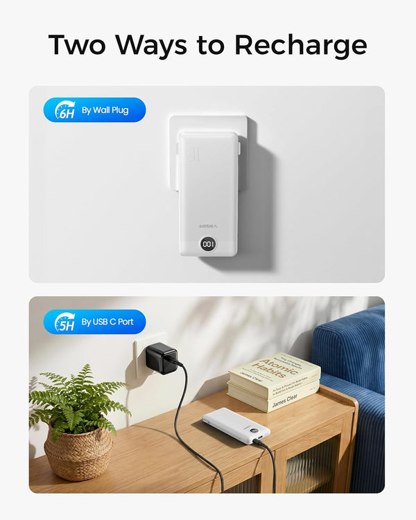 VEGER Portable Charger with Built-in AC Plug and Cables, All in One 10000mAh Ultra Slim Power Bank Travel Essentials, Fast Charging Battery Pack Compatible with iPhone, Samsung, Android, White