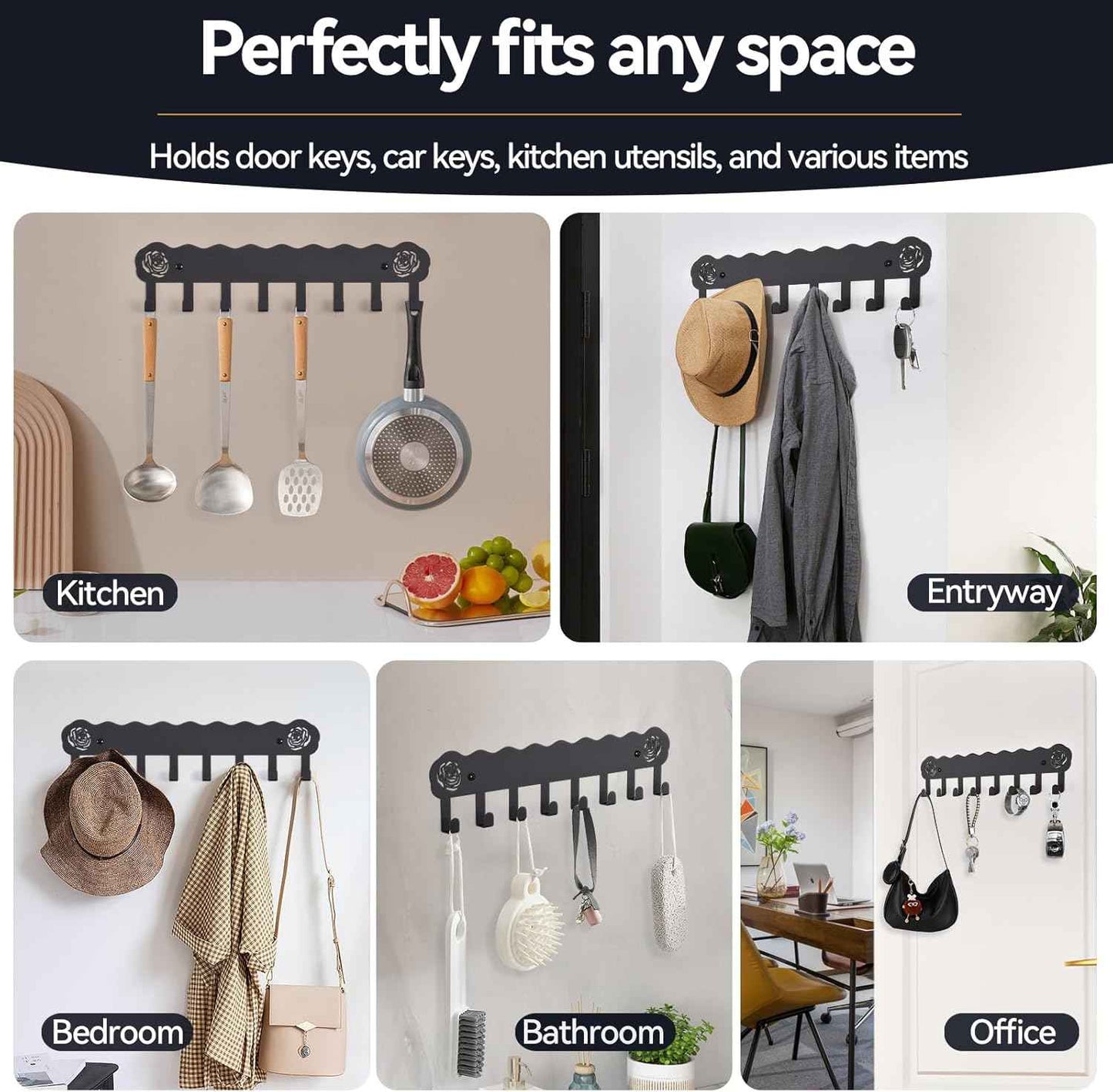 Key Holder Hooks Organizer Hanger Rack Wall Mounted with 8 Hooks, Adhesive Key Holder for Wall, No Drill Modern Key Holder Wall Mount, for Entryway, Kitchen, Hallway, RV Decor （Medium）