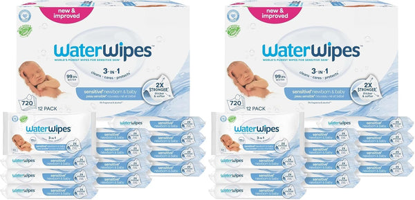 WaterWipes Sensitive+ Newborn & Baby Wipes, 3-in-1 cleans, cares, protects, 99.9% water, unscented & hypoallergenic, 60 count, 2x stronger, thicker & softer