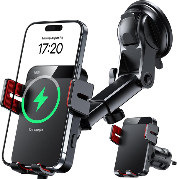 Wireless Car Charger, 15W Auto Clamping Car Charger Dash Windshield Air Vent Phone Holder Compatible with iPhone 16 15 14/13/13 Pro/12 pro/12/11/X/8, Samsung S24/S23/S22