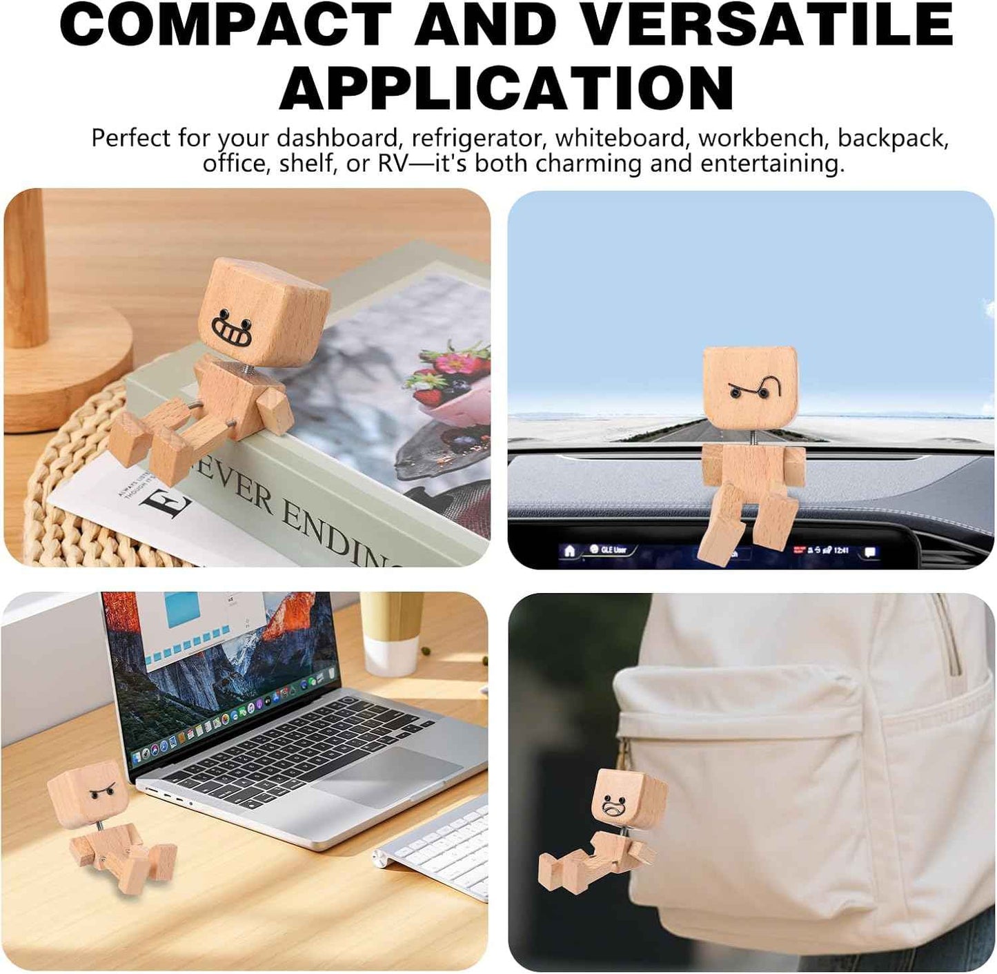 Shaking Wooden Man, Shaking Wooden Man Figurine for Car Dashboard with 12PCS, Funny Cars Ornaments Wood Desktop Decor,Car Dashboard Accessories and Desk Decoration