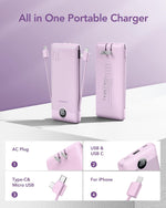 VEGER Portable Charger Power Bank with Built-in AC Plug and Cables, All in One 10000mAh Ultra Slim Travel Essentials, Fast Charging Battery Pack Compatible with iPhone, Samsung, Android, Purple