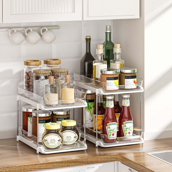 Delamu 2-Tier Bathroom Under Sink Organizer, Stackable Kitchen Pantry Storage, White, 2 Pack