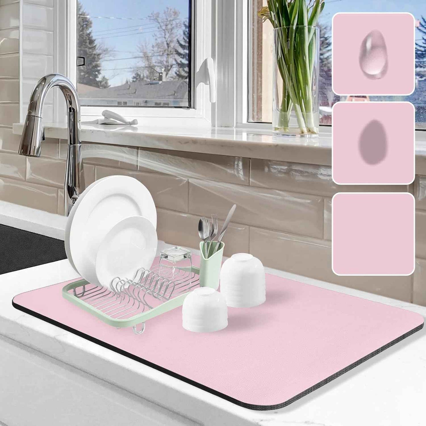 Dish Drying Mat for Kitchen Counter, 12"x19" Dish Drying Pad with Non-slip Rubber Backed, Hide Stain Anti Absorbent for Kitchen Counter, Drying Mat for Coffee Machine Dish Rack (Grey)