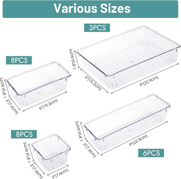 Clear Plastic Drawer Organizer Set for Desk, Kitchen, Bedroom, Bathroom, Office