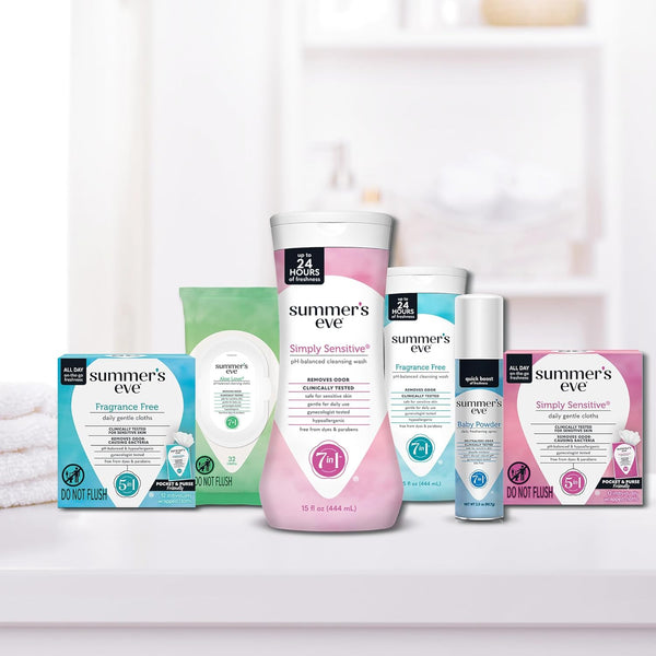 Summer's Eve Simply Sensitive feminine wipes, gentle pH-balanced micellar water formula for vaginal odor control, resealable packs of 32