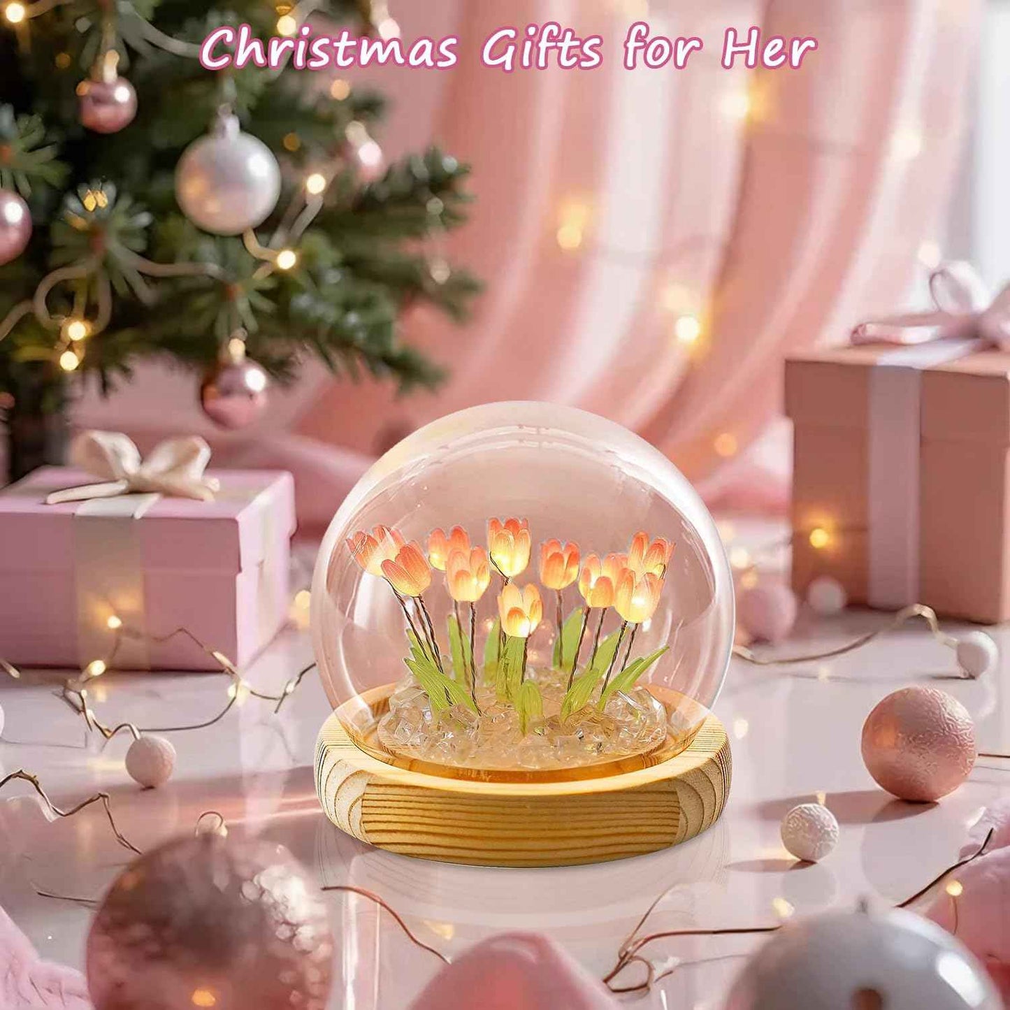 Valentine’s Day Gifts for Women – Tulip Lamp with Glass Dome, Birthday Gift for Girlfriend, Wife, Mom, Battery Operated LED Flower Night Light for Bedroom, Home and Table Decor