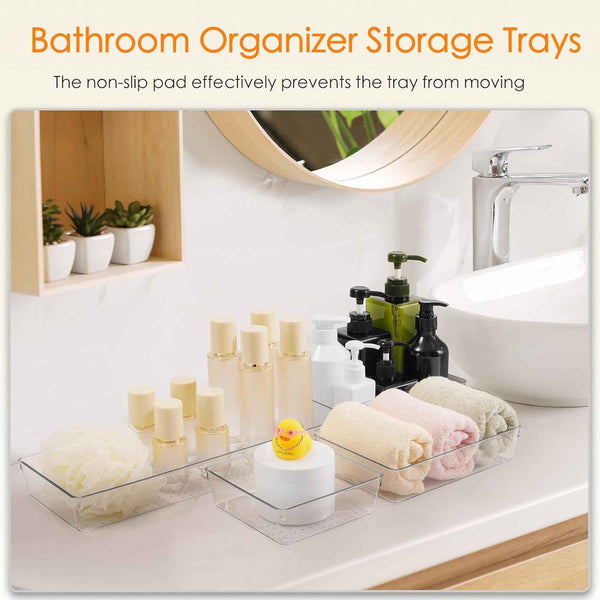 Criusia Drawer Organizer, 10 Pack Large Clear Plastic Set, 3 Size Versatile Bathroom and Vanity Organizer Trays, Storage Bins for Makeup, Bedroom, Kitchen Utensils