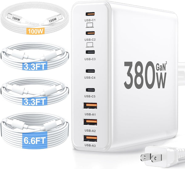 380W USB C Charger Block,with 4 USB Cables 8-Port USB C Charging Station Dual 100W Laptop Charger Fast Charger Type C Charging Block for MacBook Pro, Dell XPS, iPhone, iPad, Tablet (Bright Black)
