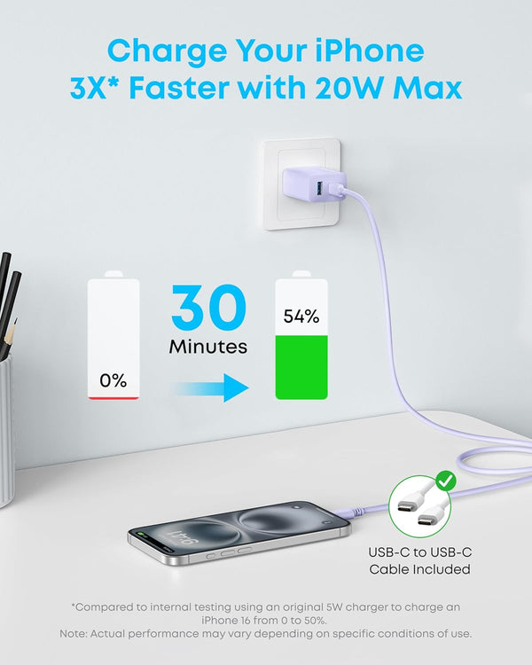 Anker iPhone Charger, 2-Pack 20W Fast USB C Charger Block, Type C Charger Fast Charging for iPhone 17/17 Pro Max/16 Series/iPad Pro and More (Purple, 2 Pack & 2 Cable)