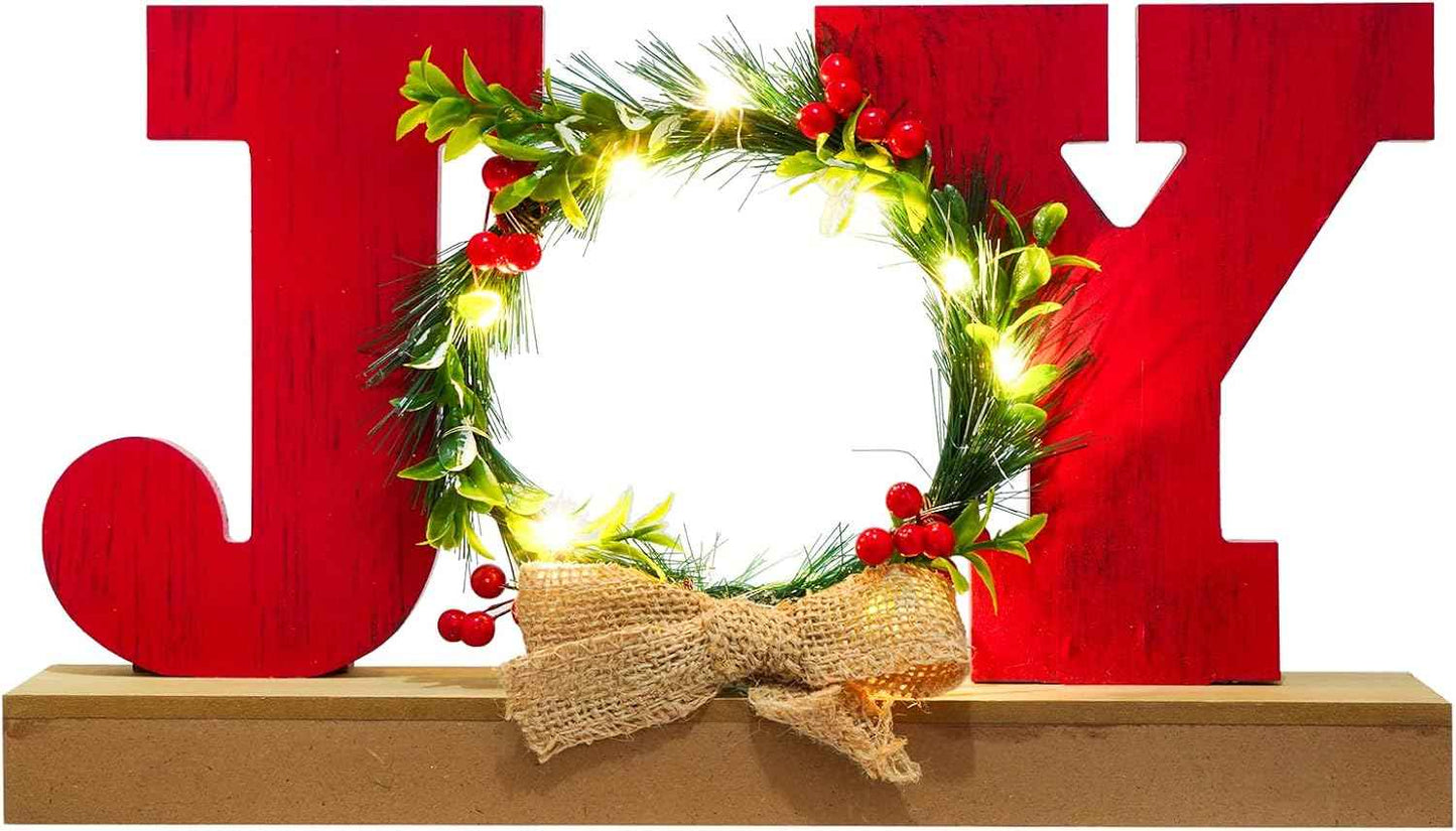 Christmas Decorations for Home LED Lighted JOY Decor Farmhouse Wooden Wreath Tabletop Merry Christmas Signs Rustic Holiday Block cIndoor Decorative Sign