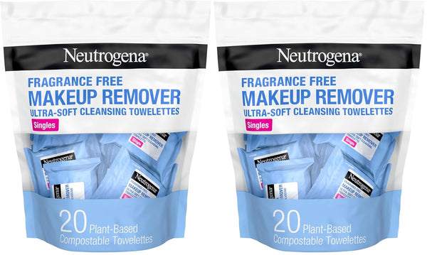 Neutrogena daily makeup remover wipes, 20 count, single face cleansing towelettes, alcohol-free, 100% plant-based