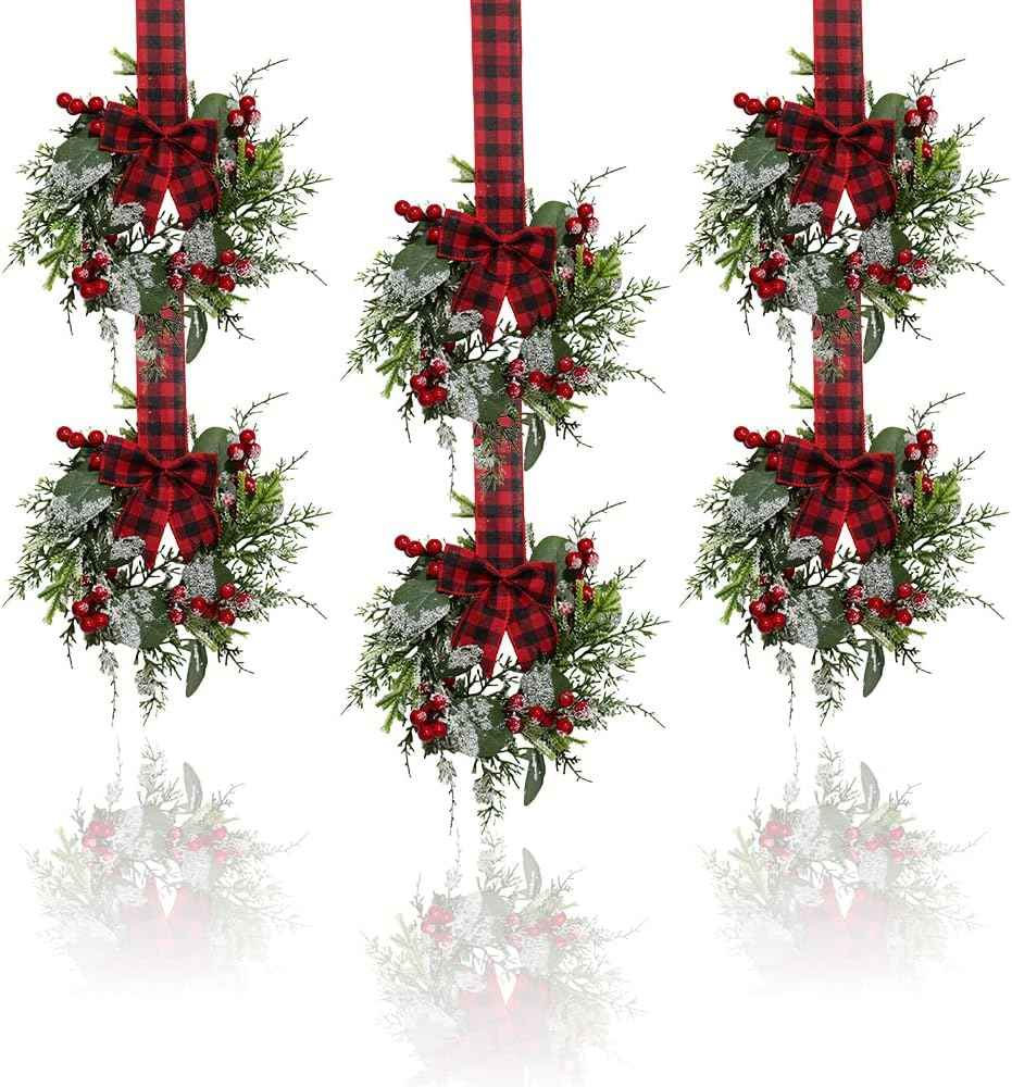 Small Christmas Wreath, 6 Pcs 6" Mini Christmas Wreaths for Cabinets, Small Cabinet Wreaths for Kitchen Cabinet Window Door Farmhouse Christmas Party Decorations Candle Rings Fireplaces (A)