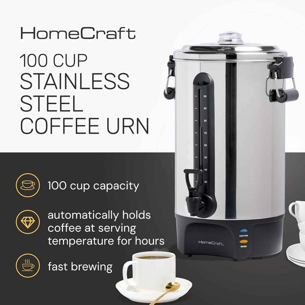 homecraft stainless steel 100-cup coffee urn with dripless faucet and quick-brewing