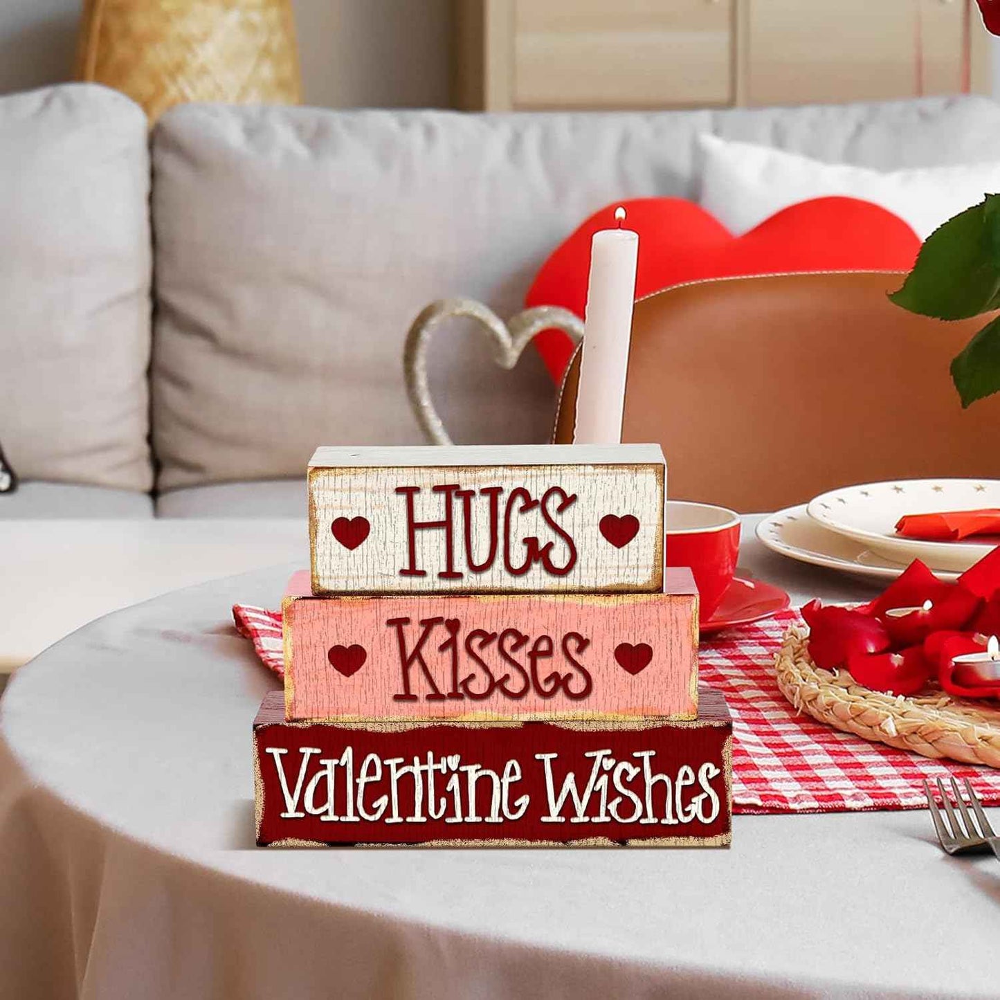 3 Pcs Valentine Table Decoration Signs Tiered Tray Valentine Wooden Love Blocks Heart Wood Freestanding Decor for Farmhouse Centerpiece Wedding Gift(Classic Style)