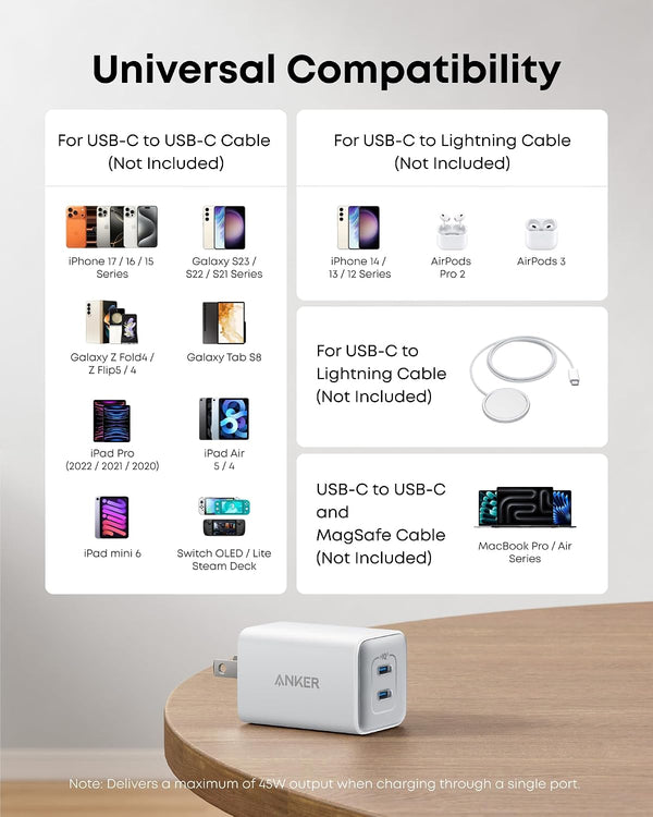 Anker Nano 47W Fast Charger USB C, 2-Port Compact Foldable USB C GaN Charger for iPhone 17/16, Galaxy, Pixel, Compatible with MagSafe (White)