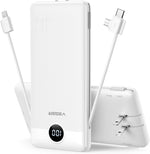 VEGER Portable Charger with Built-in AC Plug and Cables, All in One 10000mAh Ultra Slim Power Bank Travel Essentials, Fast Charging Battery Pack Compatible with iPhone, Samsung, Android, White