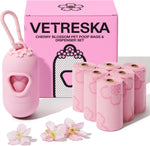 vetreska dog poop bag dispenser with cherry blossom scented bags and holder, pink