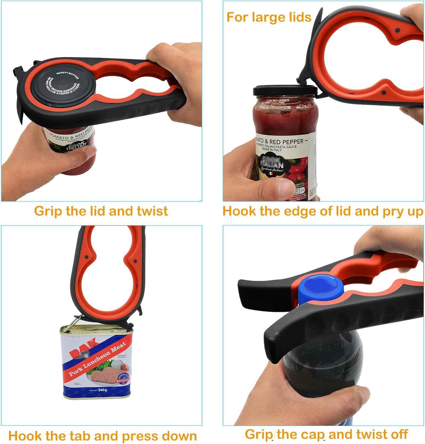 Otstar Jar Opener Bottle Opener and Can Opener for Weak hands, Seniors with Arthritis and Anyone with Low Strength, Mutil Jar Opener Get Lids Off Easily (Black and Red)