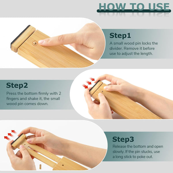 Adjustable bamboo drawer dividers for kitchen, dresser, and closet