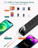 Surge protector power strip with 6 AC outlets and 4 USB ports, flat plug, 1875W/15A, overload protection
