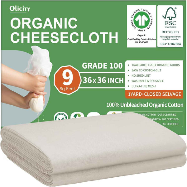 Organic Cheese Cloths, GOTS Certified, Grade 100, 36x36Inch, Reusable Cheese Cloth with Closed Edges Fabric Fine Mesh Cloth, Unbleached Cotton Muslin Cheesecloth