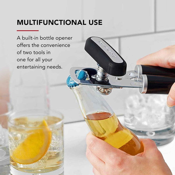 kitchenaid classic multifunction can opener and bottle opener, stainless steel, black, easy to use, ergonomic handles