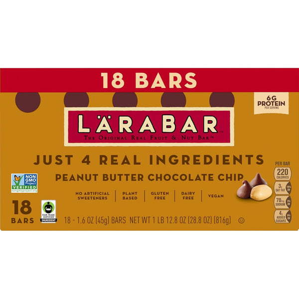 larabar peanut butter chocolate chip bars, 28.8 oz, 18 ct, gluten free, vegan
