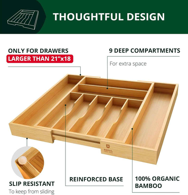Royal Craft Wood Luxury Bamboo 9 Slot Silverware Organizer for Kitchen Utensil Holder & Cutlery Tray