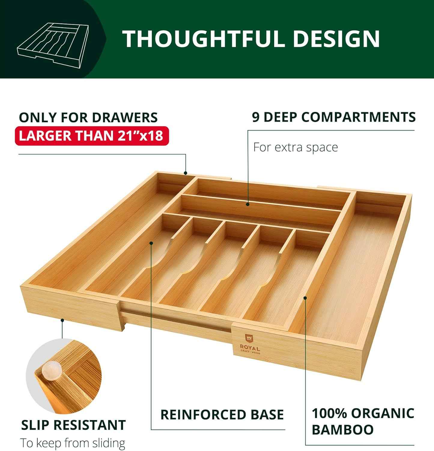 Royal Craft Wood Luxury Bamboo Kitchen Drawer Organizer - 9 Slot Silverware Organizer for Flatware, Utensil Holder & Cutlery Tray Drawer Dividers in Natural