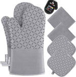 KEGOUU Oven Mitts and Pot Holders 6pcs Set, Kitchen Oven Glove High Heat Resistant 500 Degree Extra Long Oven Mitts and Potholder with Non-Slip Silicone Surface for Cooking (Grey)