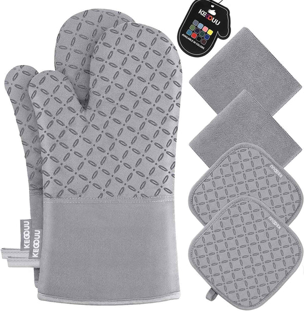 KEGOUU Oven Mitts and Pot Holders 6pcs Set, Kitchen Oven Glove High Heat Resistant 500 Degree Extra Long Oven Mitts and Potholder with Non-Slip Silicone Surface for Cooking (Grey)