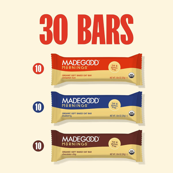 MadeGood Mornings Soft-Baked Oat Bars Variety Pack, 30 count, certified organic, gluten-free, vegan, kosher, non-GMO