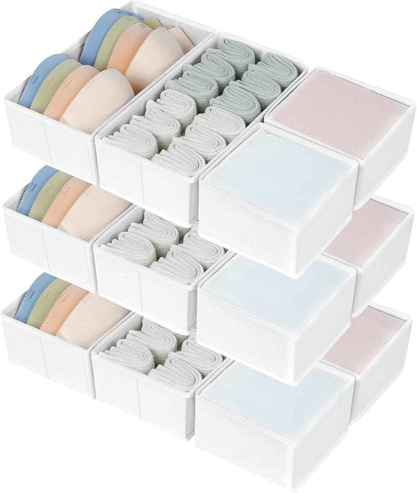 DIMJ Drawer Organizers Clothes, Set of 4 Dresser Organizer Bins, Fabric Closet Organizers and Storage, Shallow Drawer Dividers for Nursery, Clothing, Baby Clothes, Socks, Underwears, Tie (Beige)