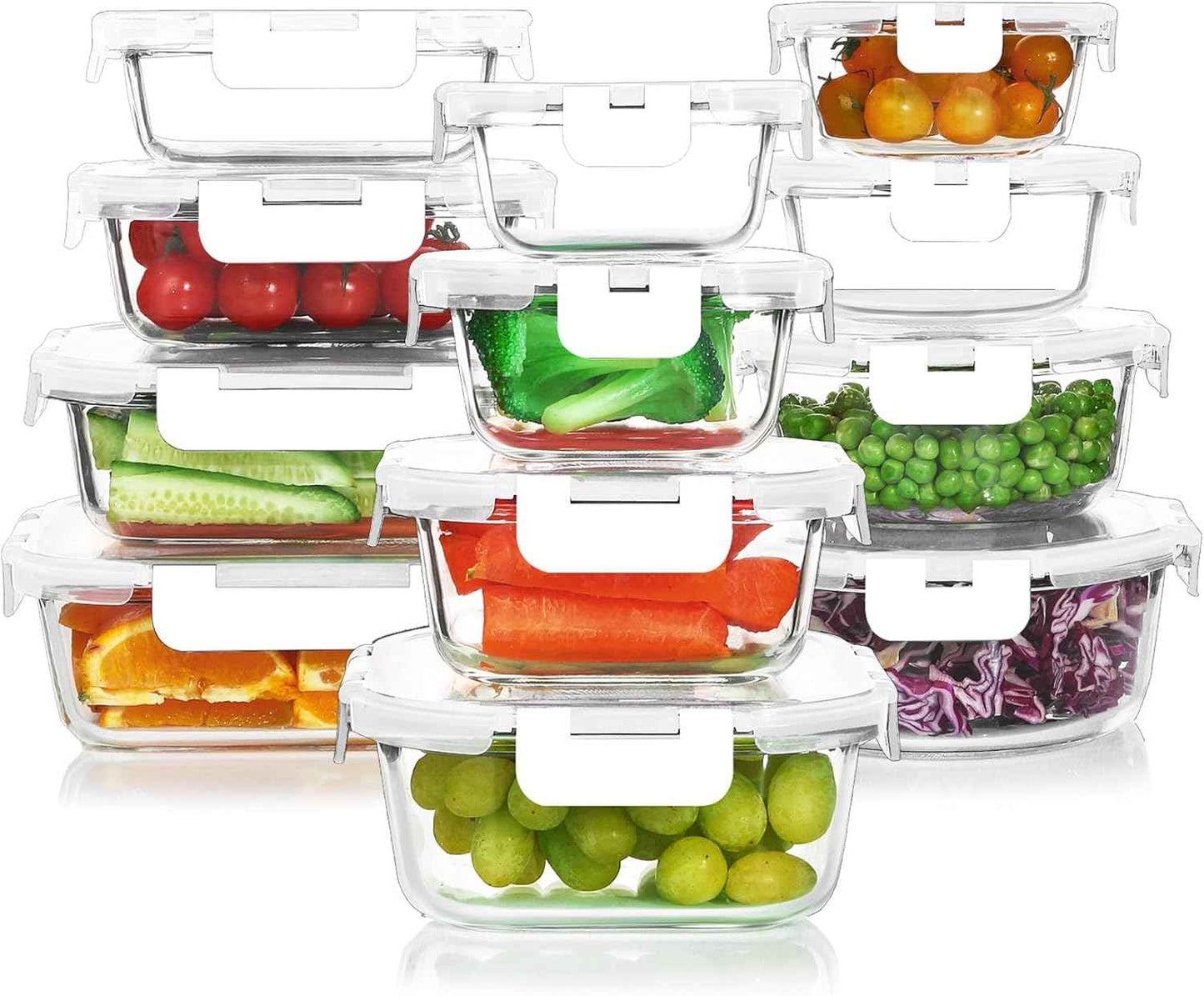 KOMUEE 24 Pieces Glass Food Storage Containers Set,Meal Prep Containers-Stackable Airtight Glass Storage Containers with lids,Freezer, Microwave, Oven Safe,Gray