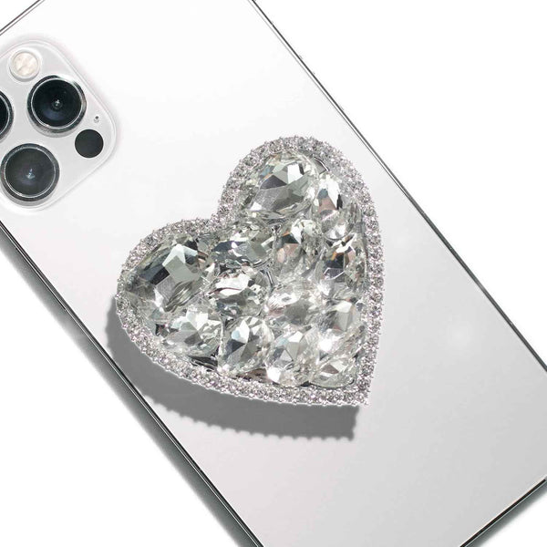 OnTheGrip Collapsible Expandible Diamond Heart Grip Stand Holder for Smartphone Tablet Silver Big