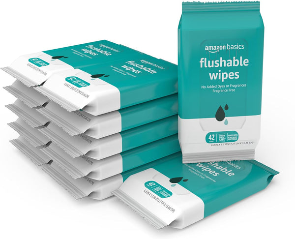 Amazon Basics Flushable Adult Toilet Wipes, Fragrance Free, 42 Count (Pack of 8) (Total 336 wipes) (Previously Solimo)